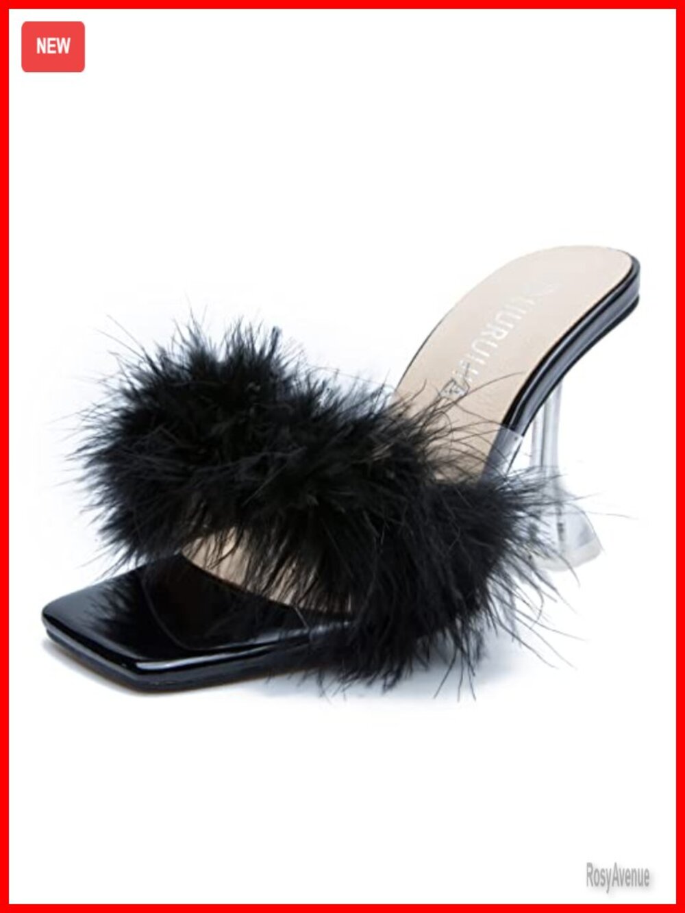 Women's Feather High Heeled Mules Slip On Sandals Square Toe Clear Heels
